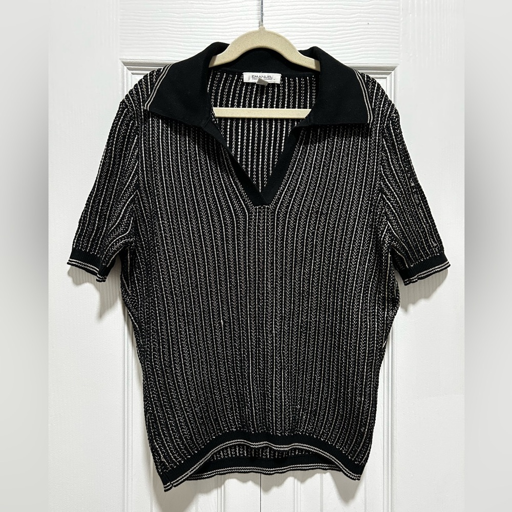 Black and Light Gold Striped Knit Polo Shirt